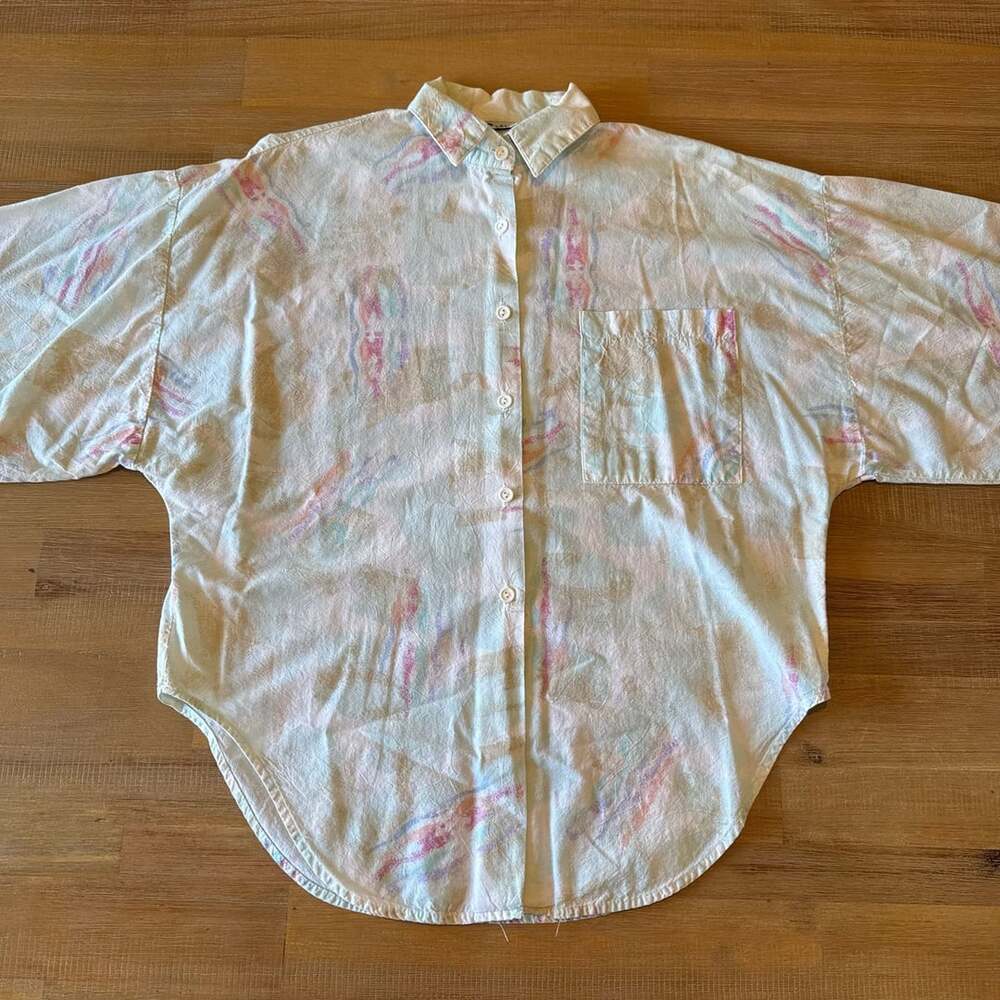 Vintage Soho Shirt Pastel Abstract Batwing Button Down Blouse Women Size S 80s